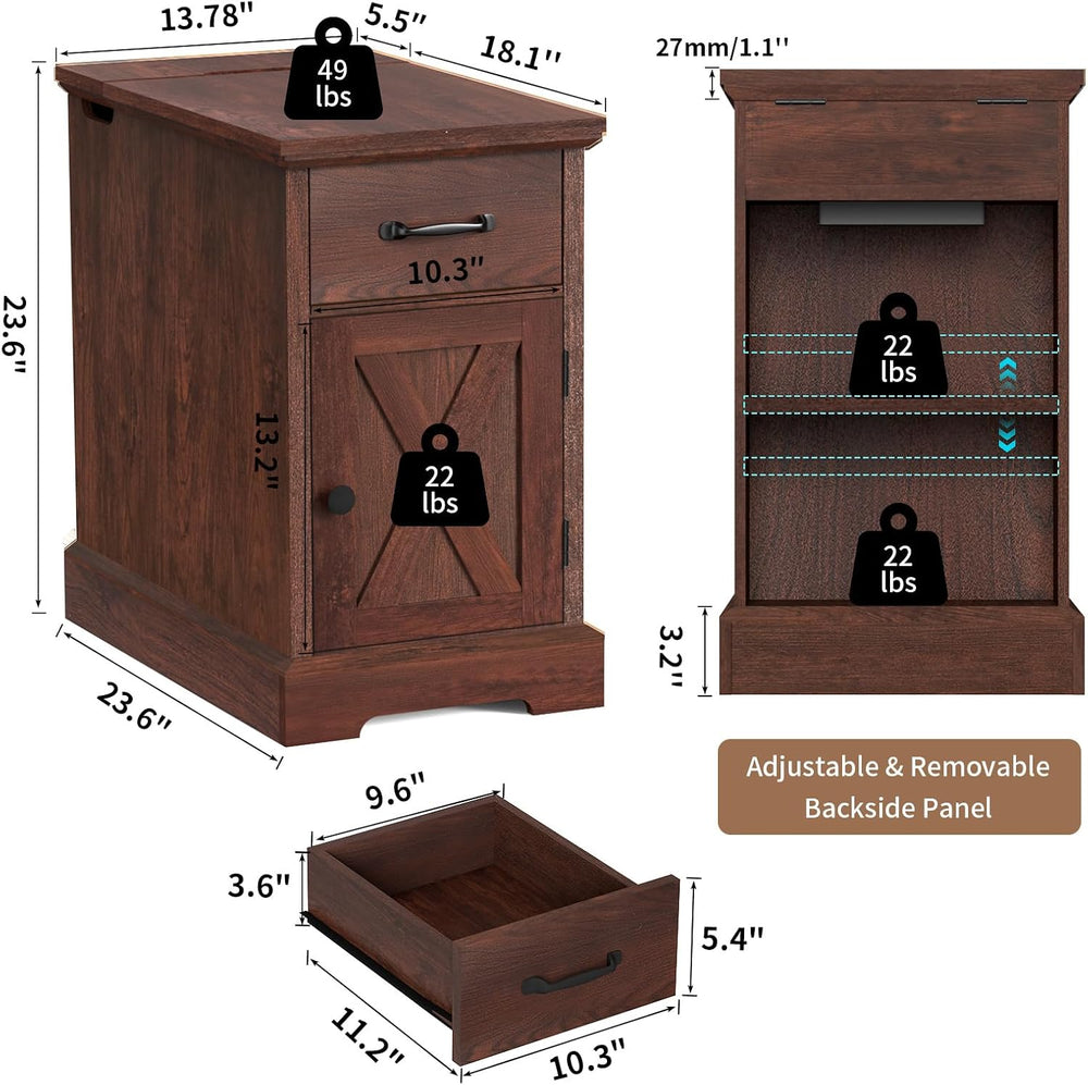 HOMMPA 23.6'' Farmhouse Narrow End Table w/Charging Station Rustic Ch...