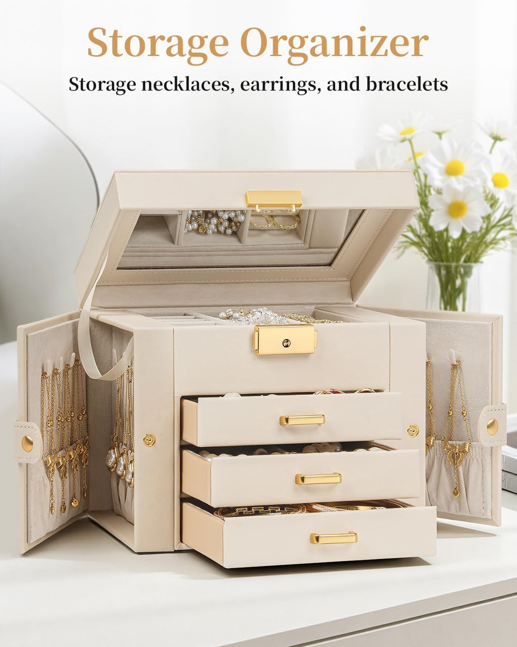 TORIBIO Jewelry Box for Women, Leather Jewelry Organizer with Mirror & Lock, 4-Tier Jewelry Storage Organizer with 3 Drawers for Girls/Women/Mothers, Necklace Earring Bracelets Holder Organizer