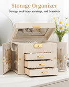 TORIBIO Jewelry Box for Women, Leather Jewelry Organizer with Mirror & Lock, 4-Tier Jewelry Storage Organizer with 3 Drawers for Girls/Women/Mothers, Necklace Earring Bracelets Holder Organizer