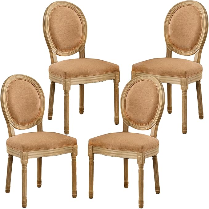 French Country Dining Chairs Set of 4,Farmhouse Upholstered Dining Room Chairs with Round Back and Solid Leg,Fabric Kitchen Side Chairs for Kitchen/Bedroom/Dining Room,Tan