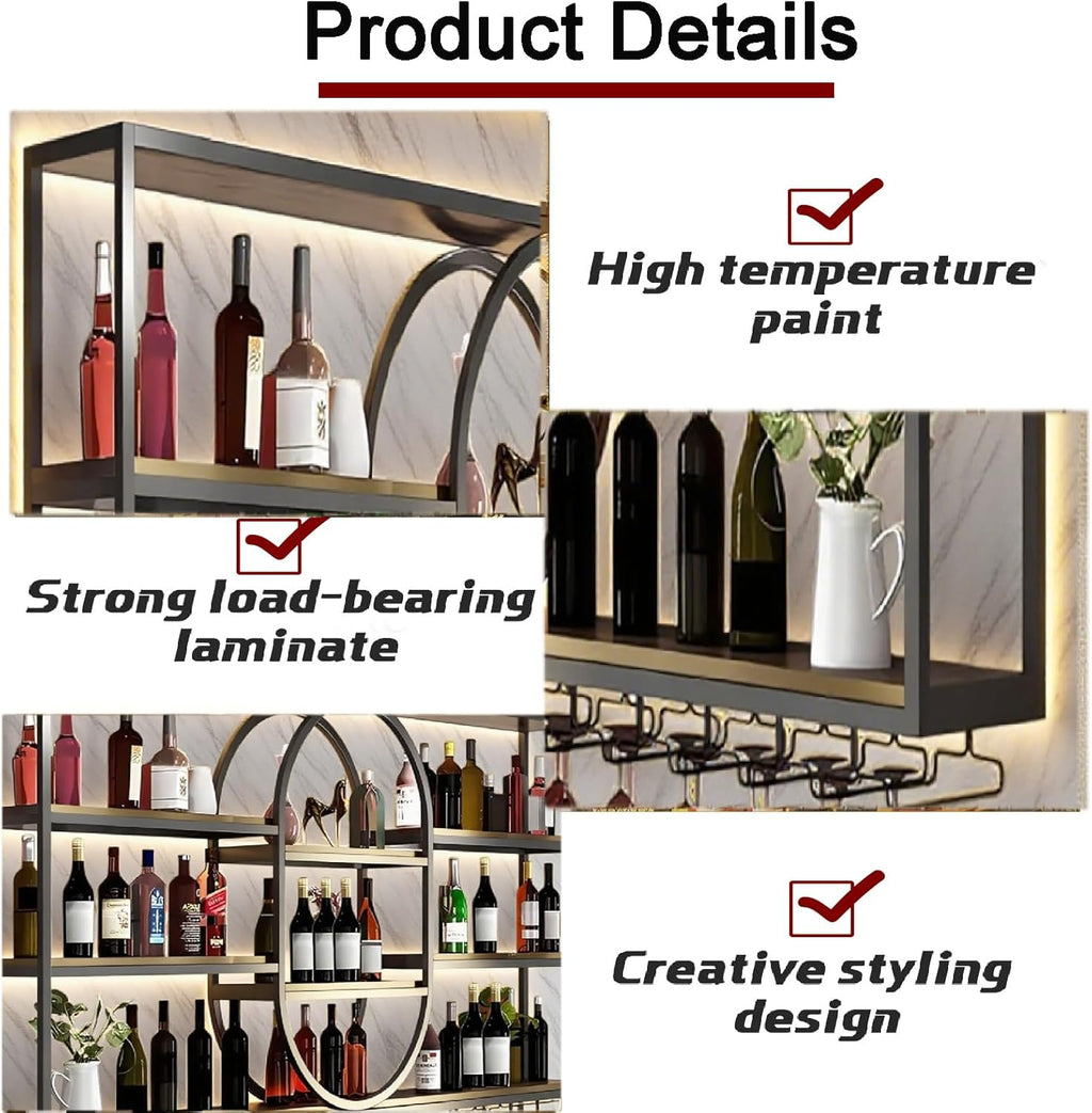 55.1INLarge Wall Mount Wine Rack, Metal 4 Tier Hanging Bottle Holder with Wine Glass Storage Racks, Modern Floating Wine Shelves for Home Bar Dining Room Decoration (Black)
