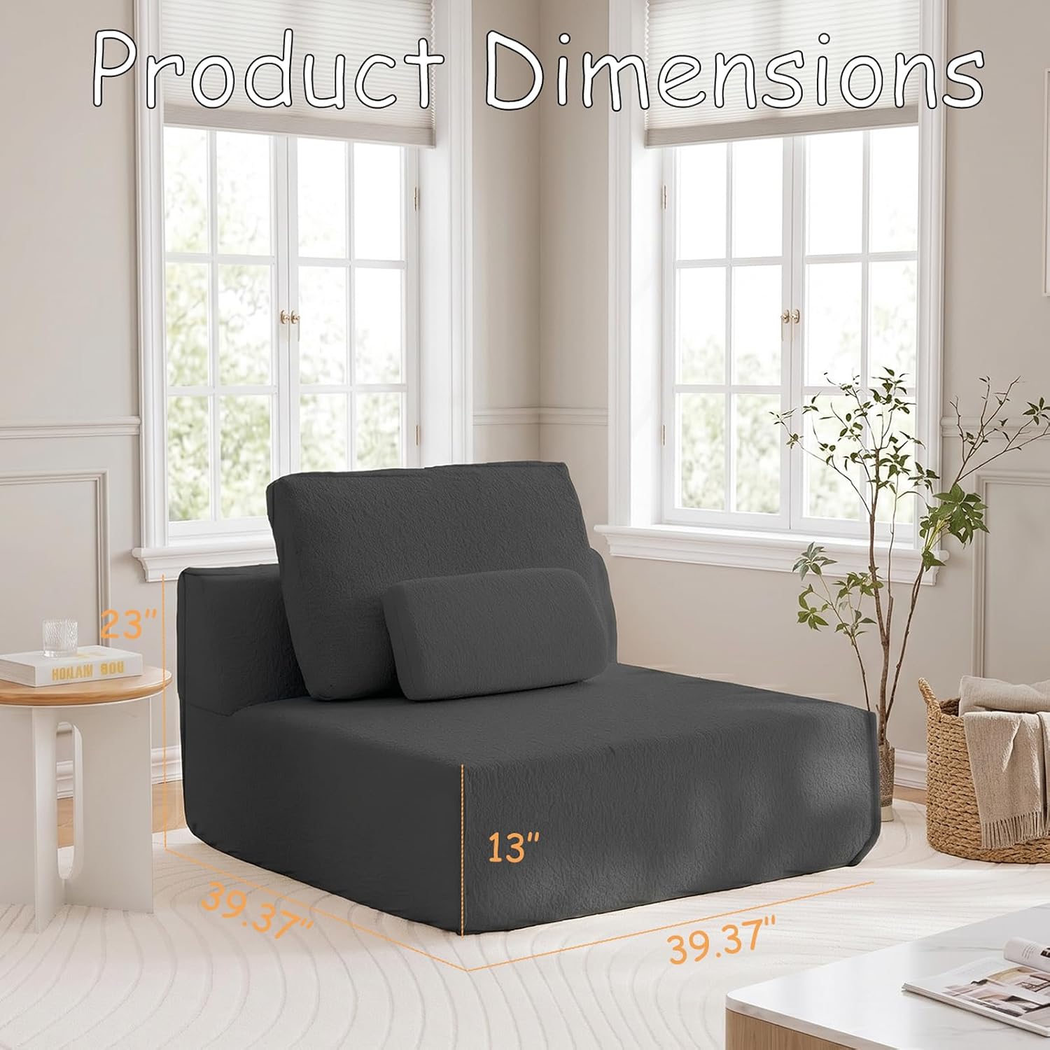 Floor Sofa Chair, Boneless Couch Single-Seater for No Assembly | 32" Deep Seat Compressed Foam Lounge Chair with Back Pillow and Side Pillow | Chenille | Memory Foam | Dark Gray