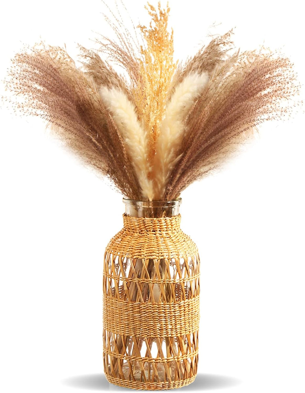 ZENS Rattan Boho Vase, Hand Woven Wicker Cover Glass Flower Vases for Pampas Grass, Artistic Boho Style Country Vase for Fall Flower Decor, Home Table Centerpiece, Farmhouse Decorative