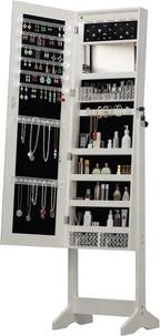 Montary Jewelry Cabinet Armoire with Full Length Mirror with stand, Freestanding Jewelry Armoire Organizer, Lockable Storage Cabinet, Interior Lighted Mirror, White