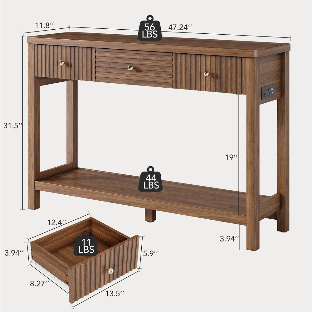 Decofy 47'' Fluted Console Table with Charging Station & 3 Drawer...