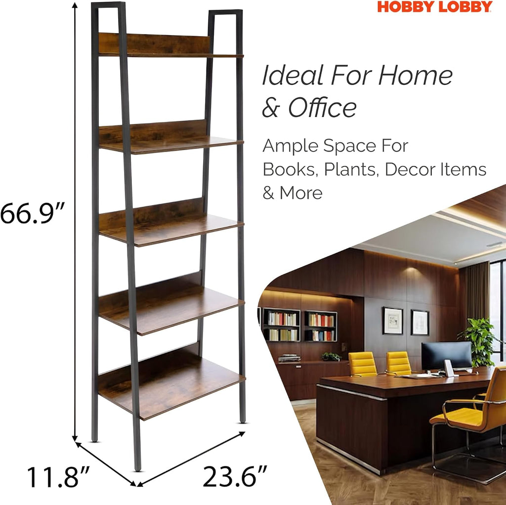 Hobby Lobby 5 Tier Industrial Ladder Shelf, 23.6 x 11.8 x 66.9 inches | Wood Ladder Shelf, Storage Ladder Shelves for Living Room, Bedroom