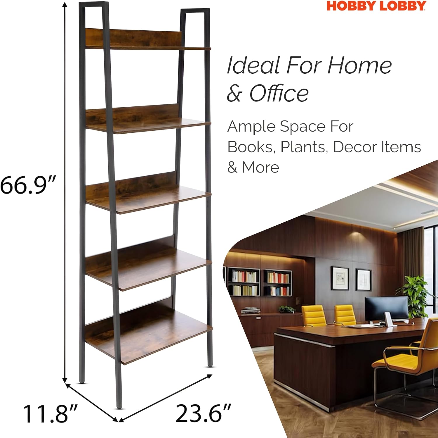 Hobby Lobby 5 Tier Industrial Ladder Shelf, 23.6 x 11.8 x 66.9 inches | Wood Ladder Shelf, Storage Ladder Shelves for Living Room, Bedroom