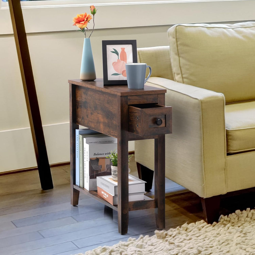 Brown Chairside Narrow End Table, Solid Wood Recliner Side Table with Drawer,...
