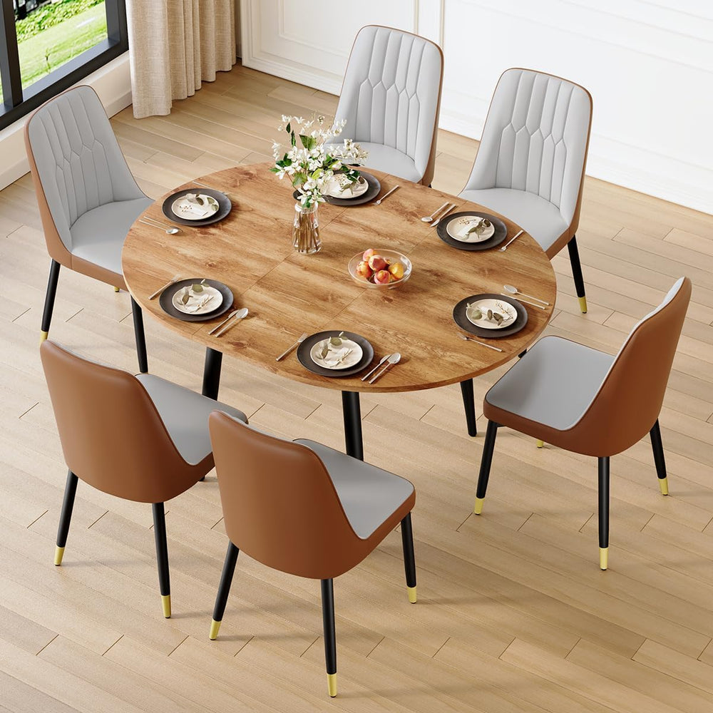 Wood Dining Table Set for 6｜ 42" Round to 54" Oval Dining Table Set...
