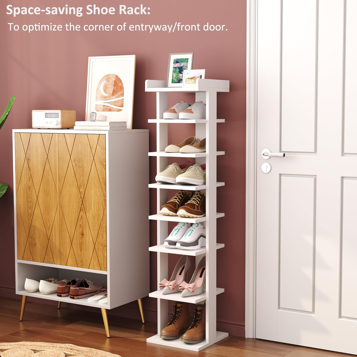 HOMEFORT 7-Tier Wood Shoe Rack, Entryway Shoe Tower,Vertical Shoe Organizer, Wooden Shoe Storage Stand, White
