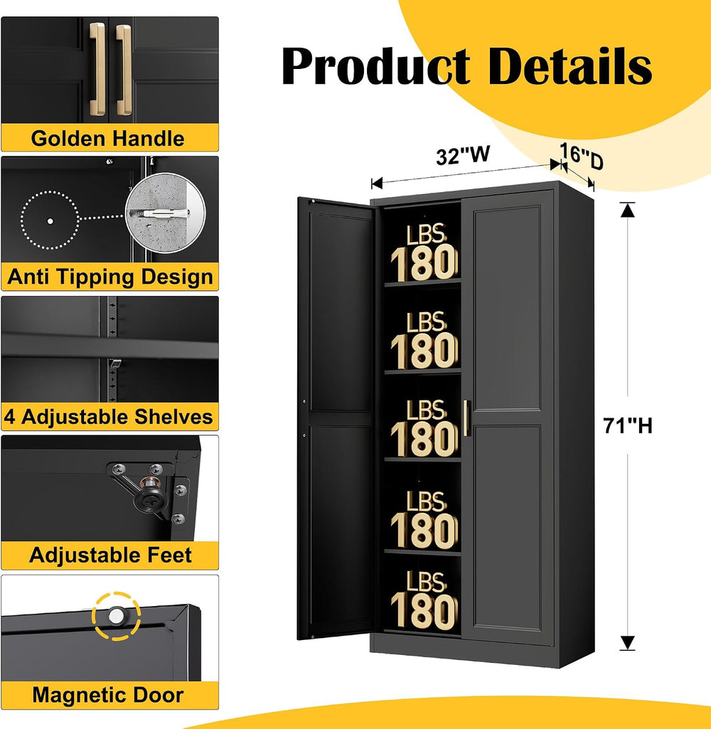 Steeloong 71"Metal Pantry Storage Cabinet with Doors & 4 Adjustable ...