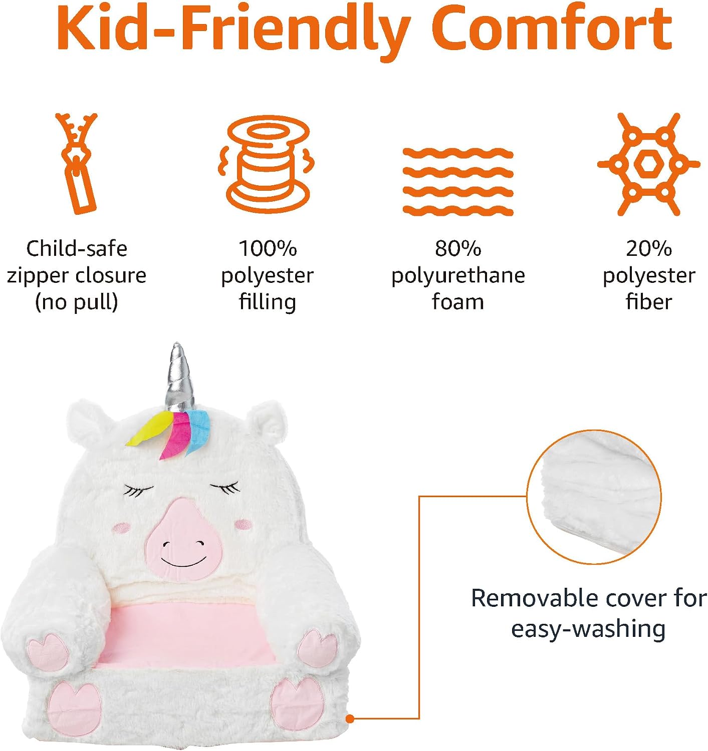 Amazon Basics Children's Plush Toddler Chair for Bedroom, Easy to Clean, Unicorn, Medium, Multicolor