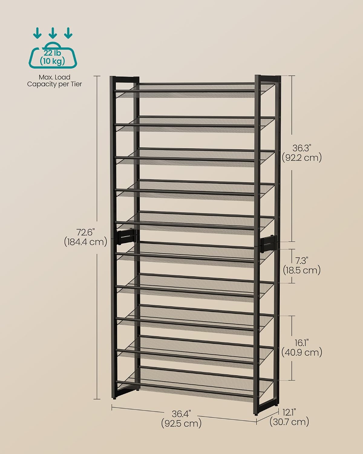 SONGMICS Shoe Rack, 10-Tier Shoe Organizer, Metal Rack for Garage, Set of 2, 5-Tier Stackable Shelf, with Adjustable Flat or Angled Shelves, 40-50 Pairs, Ink Black ULMR010B01