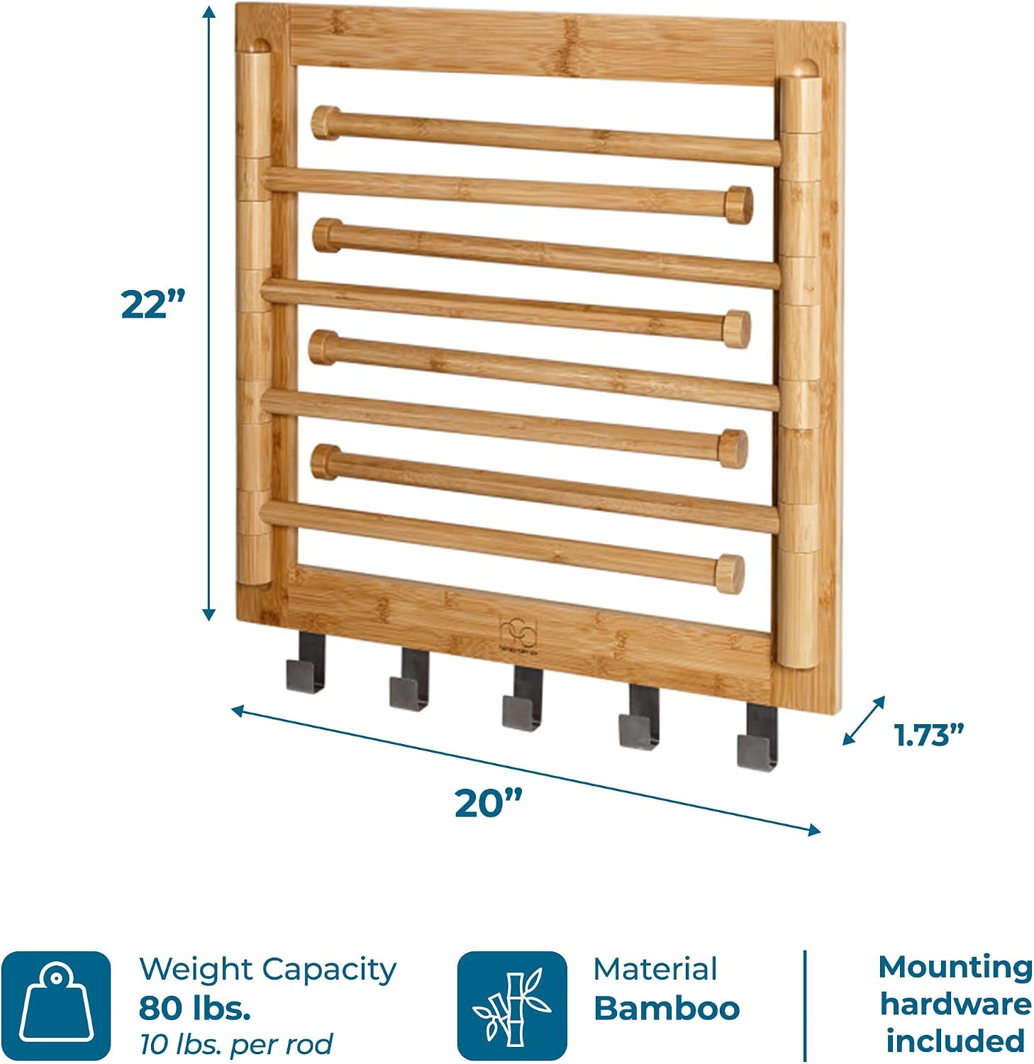 Honey-Can-Do Bamboo Wall-Mount Swivel-Arm Drying Rack, 80 lb, Natural | Wall-mount bamboo rack with 8 swivel arms holds 80 lb; folds to 1.7 in deep. Ships assembled with 5 steel hooks.