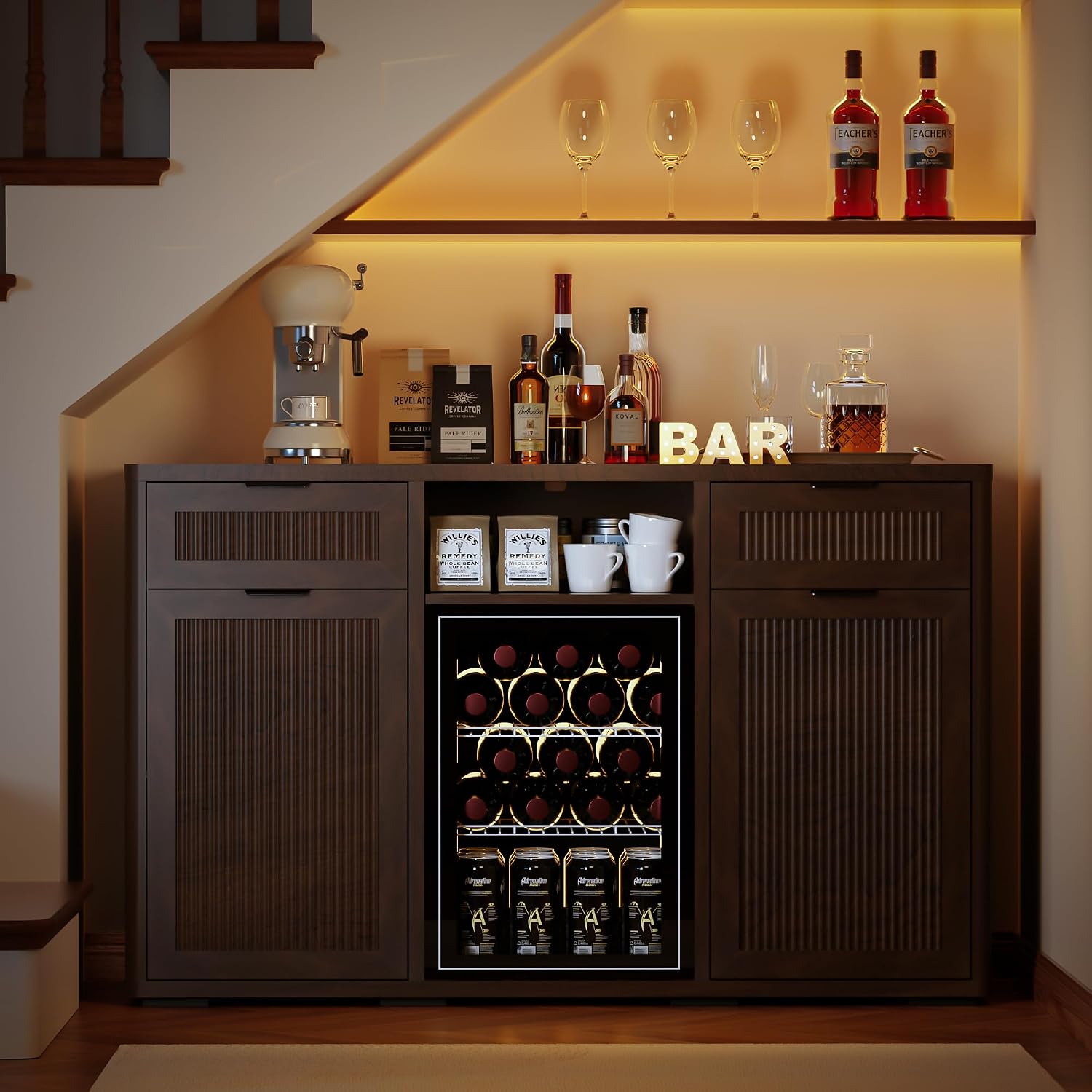 AHB Wine Bar Cabinet with Mini Fridge Space, Liquor Coffee Cabinet with Hidden Trash Cabinet, Buffet Sideboard for Living Room, Kitchen, Dining Room