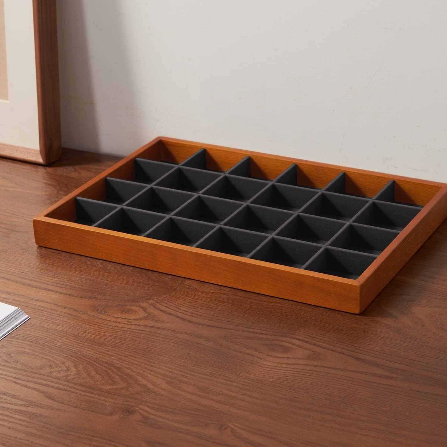 Oirlv 24 Grid Wood Jewelry Tray Microfiber Interior Jewelry Drawer Organizer Showcase Display Box Ring Earrings Holder(Grey)