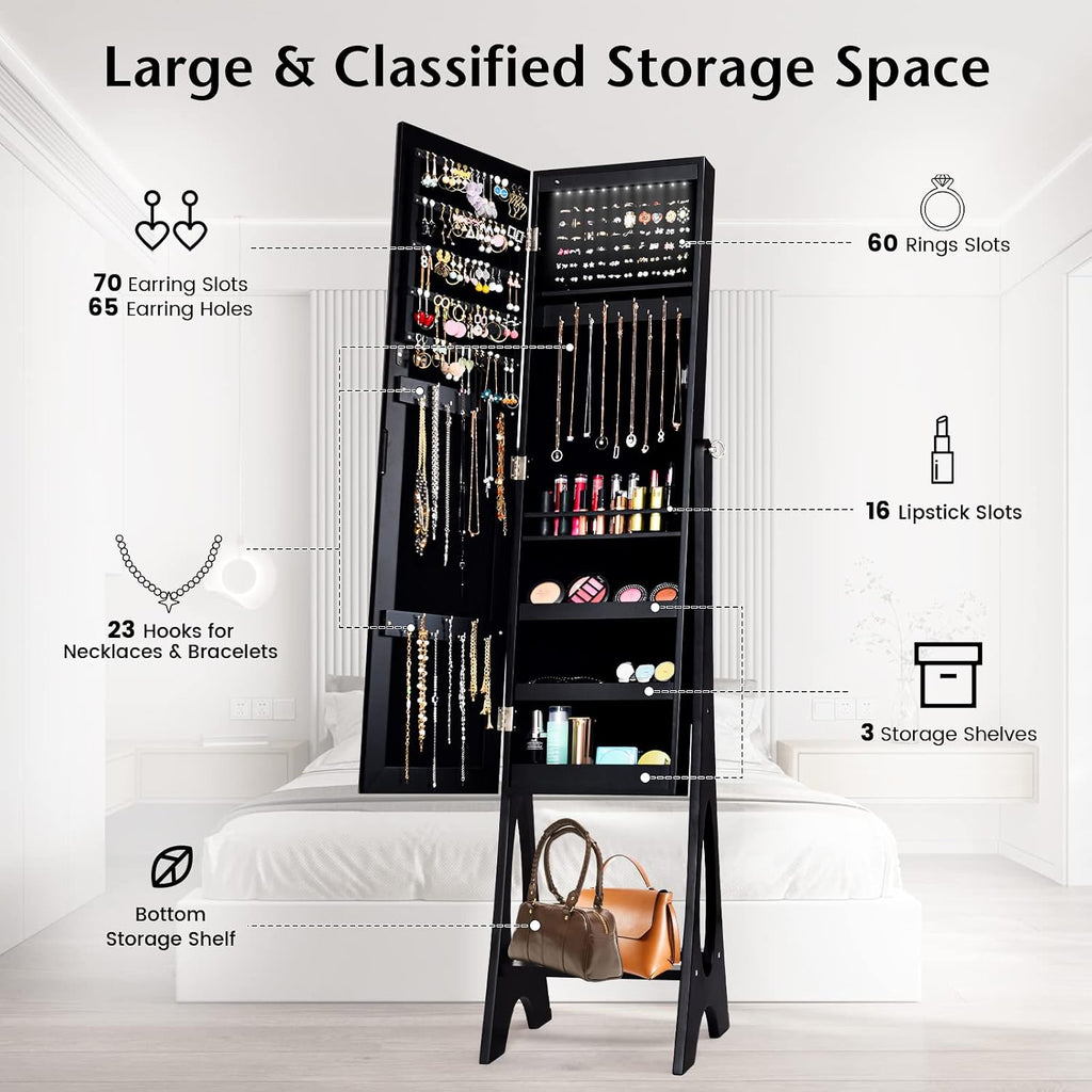 COSTWAY 12 LED Mirror Jewelry Cabinet, Freestanding Jewelry Storage Organizer w/Full Length Mirror, Large Capacity Jewelry Armoire w/Bottom Shelf, Mirror with Jewelry Storage for Women Girls (Black)