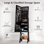 COSTWAY 12 LED Mirror Jewelry Cabinet, Freestanding Jewelry Storage Organizer w/Full Length Mirror, Large Capacity Jewelry Armoire w/Bottom Shelf, Mirror with Jewelry Storage for Women Girls (Black)
