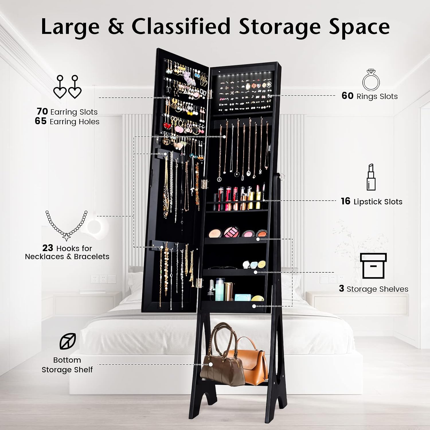 COSTWAY 12 LED Mirror Jewelry Cabinet, Freestanding Jewelry Storage Organizer w/Full Length Mirror, Large Capacity Jewelry Armoire w/Bottom Shelf, Mirror with Jewelry Storage for Women Girls (Black)