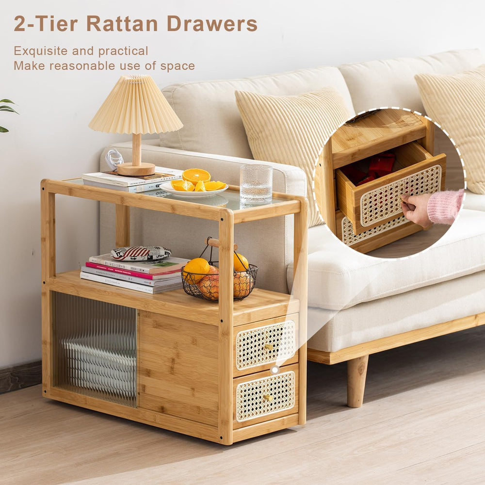 Bamboo & Rattan Side Table with Glass Top – 2-in-1 End Table and Bedside ...
