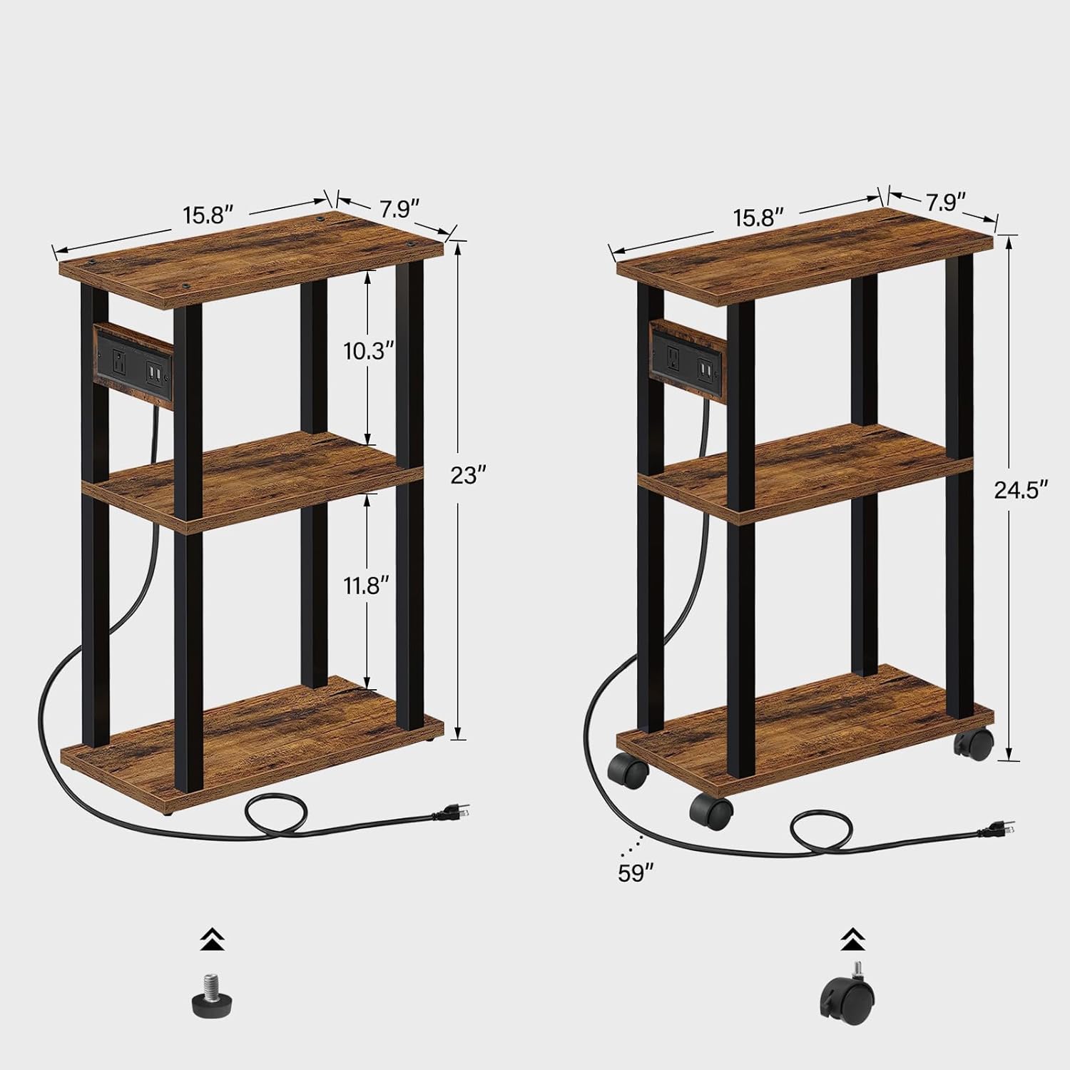 TUTOTAK Small Narrow Side Table with Charging Station, Skinny End Table for Small Spaces, Slim Nightstand with USB Ports and Outlet, Sofa Beside Table with Wheels, Brown TB01BB046