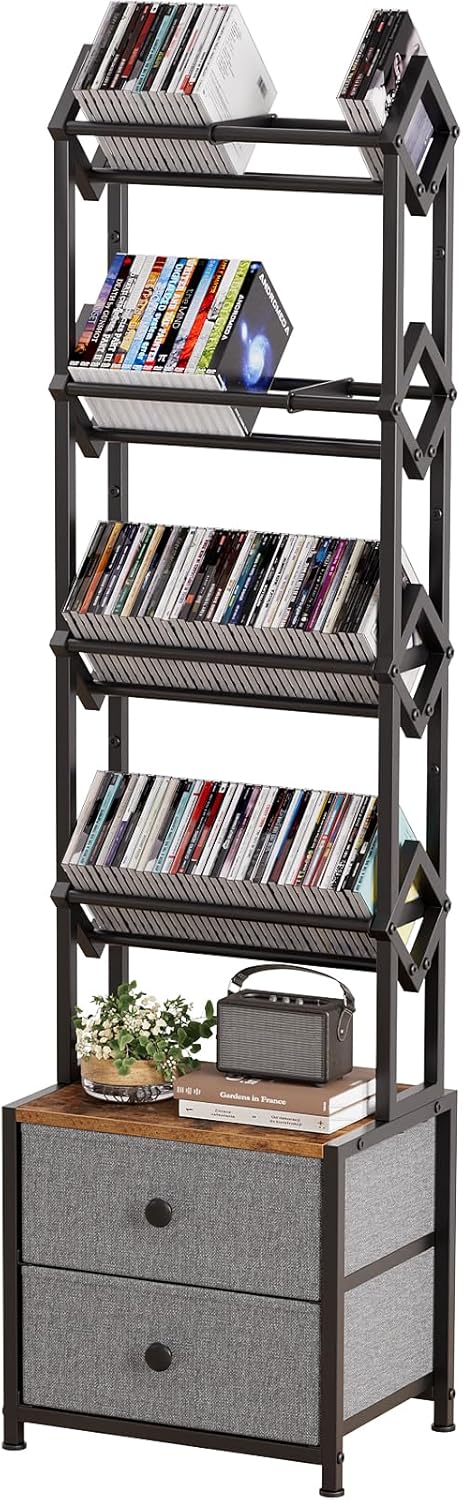 CD Storage Rack with Drawers, 5-Tier Media Organizer DVD Storage Shelf, Large Capacity for CD/DVD, Books & Games, Ideal for Living Room & Home Office, 15.7×11.8×58.7Inches