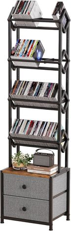 CD Storage Rack with Drawers, 5-Tier Media Organizer DVD Storage Shelf, Large Capacity for CD/DVD, Books & Games, Ideal for Living Room & Home Office, 15.7×11.8×58.7Inches