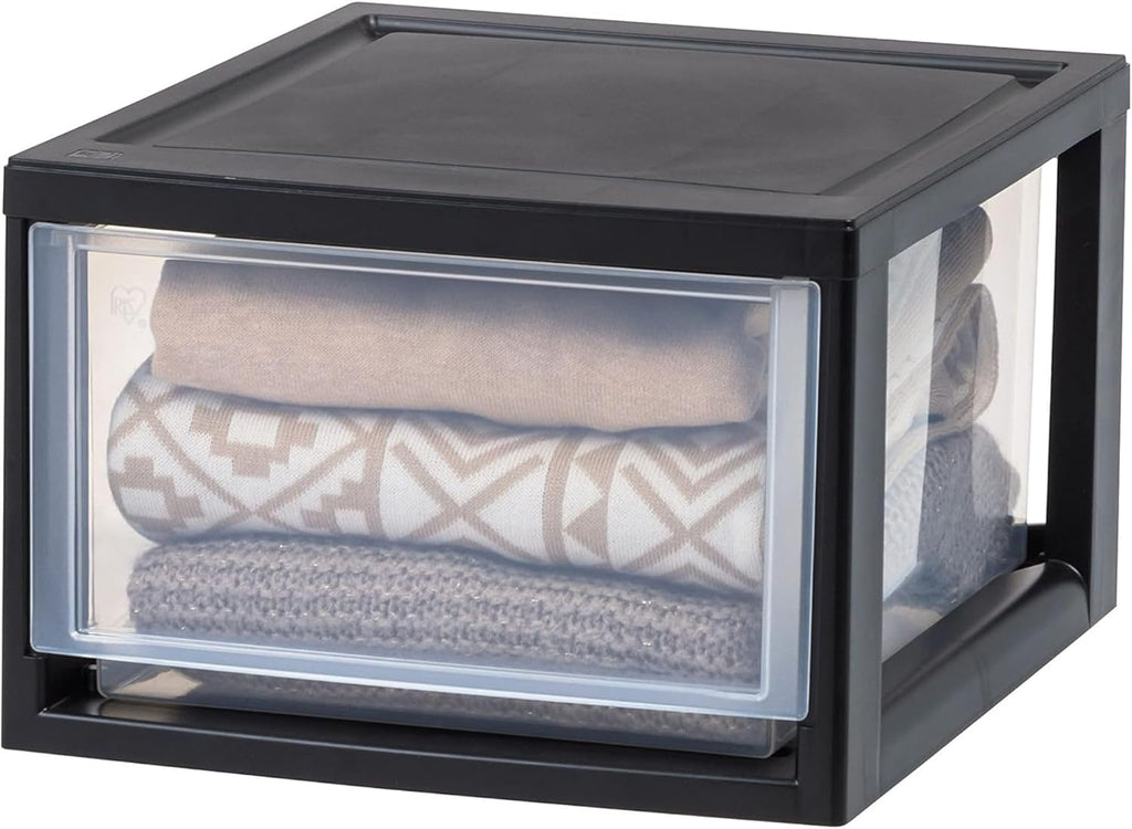 IRIS USA 14.5 Qt. Plastic Drawer Storage Organizer Stacking Drawers, 3-Pack, Stackable Unit with Sliding Drawer for Clothes Bedroom Kitchen Under Sink Pantry Craft Room Bathroom Dorm Office, Black