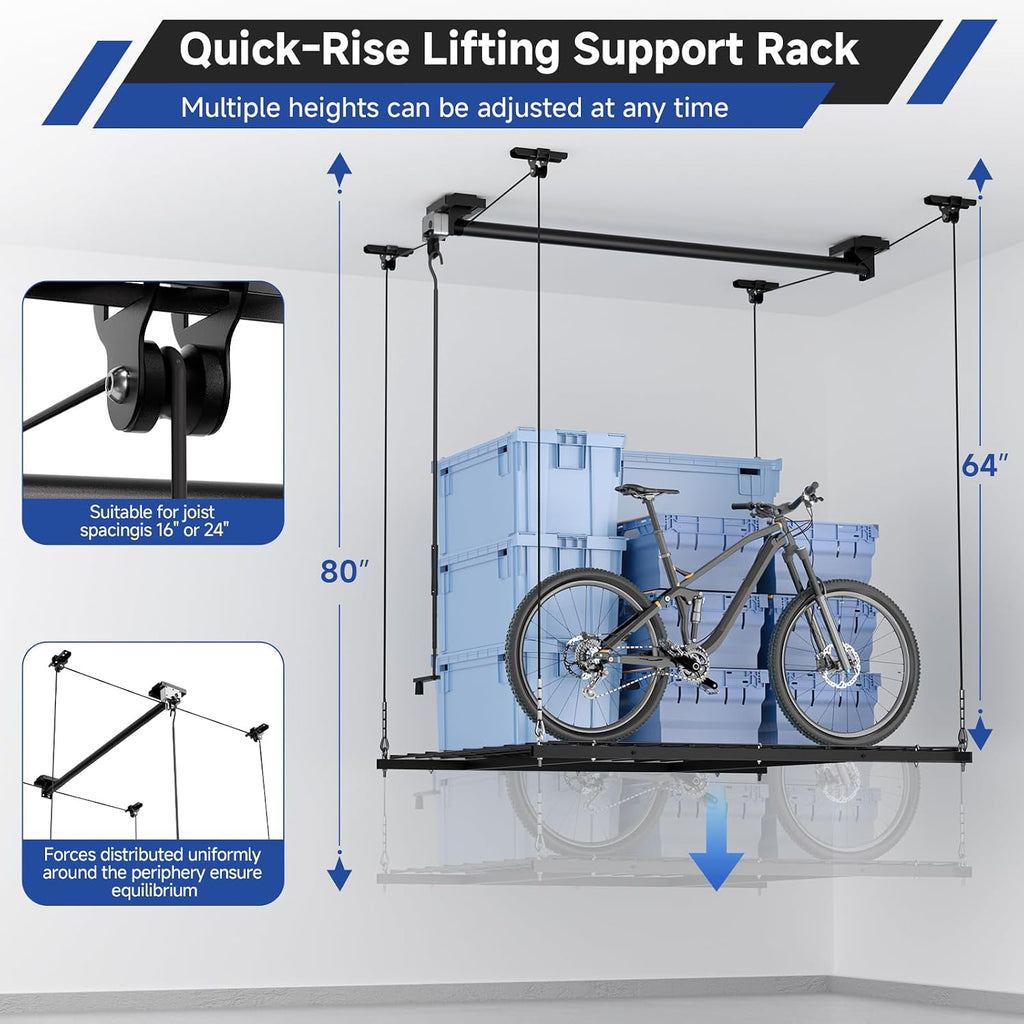 GADFISH Garage Ceiling Lift Storage Rack, Easy Lifting 85" Height 4x4 Ft Overhead Garage Storage Rack for Space Saving with Safety Lock, Suitable for 16"/24" Ceiling, 350LBS Capacity