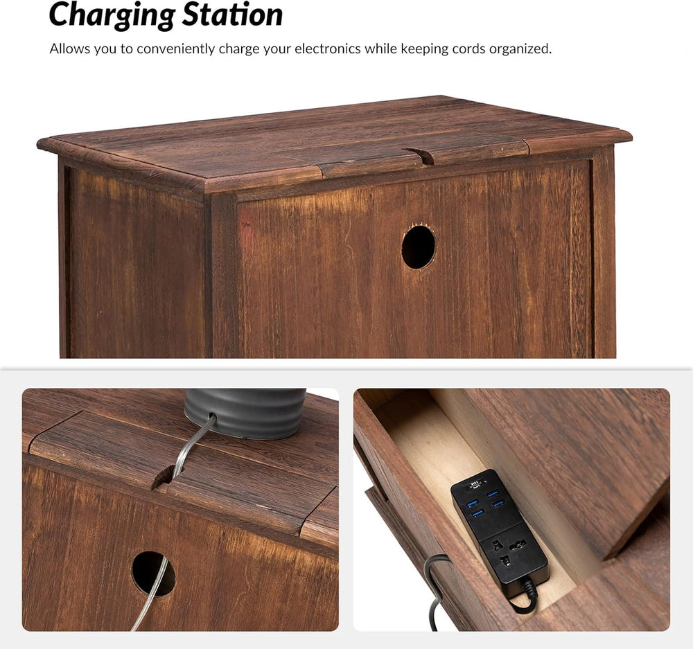 End Table with Charging Station, Wood Side Table with 2 Drawers Organizer, Fa...