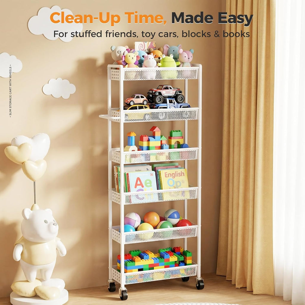 6 Tier Slim Storage Cart with Wheels, 6" D Rolling Storage Cart for Small Space, Metal Narrow Spice Cabinet Mobile Shelving Unit Organizer with Handle for Kitchen, Laundry - White