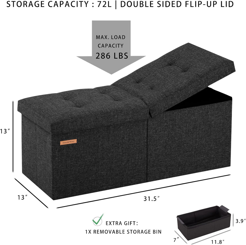 HAUSFRAU Ottoman with Storage Bench Folding Foot Rest Stool Linen Black | 31....