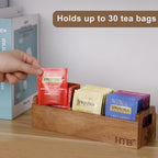HTB Small Tea Bag Box Wooden, 3 Compartments Acacia Wood Tea Bag Chest with Handle, Mini Countertop Divided Storage Container for Beverage Supplies, Sugar, Sweeteners, Individual Packets