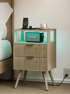 Nightstand with Charging Station and LED Lights, Modern Bedside Table with 2 Storage Drawer and Open Wood Shelf for Bedroom and Small Spaces, Night Stand with Solid Wood Legs