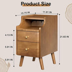 Narrow Nightstand, Solid Wood Night Stand with 2 Drawers, Walnut Mid Century Modern Nightstand, Small Beside Table with Open Storage Shelf for Bedroom（12 inch