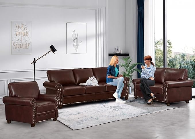 3 Piece Faux Leather Sofa Set,Mid Century Modern Couch and Loveseat Sets with...