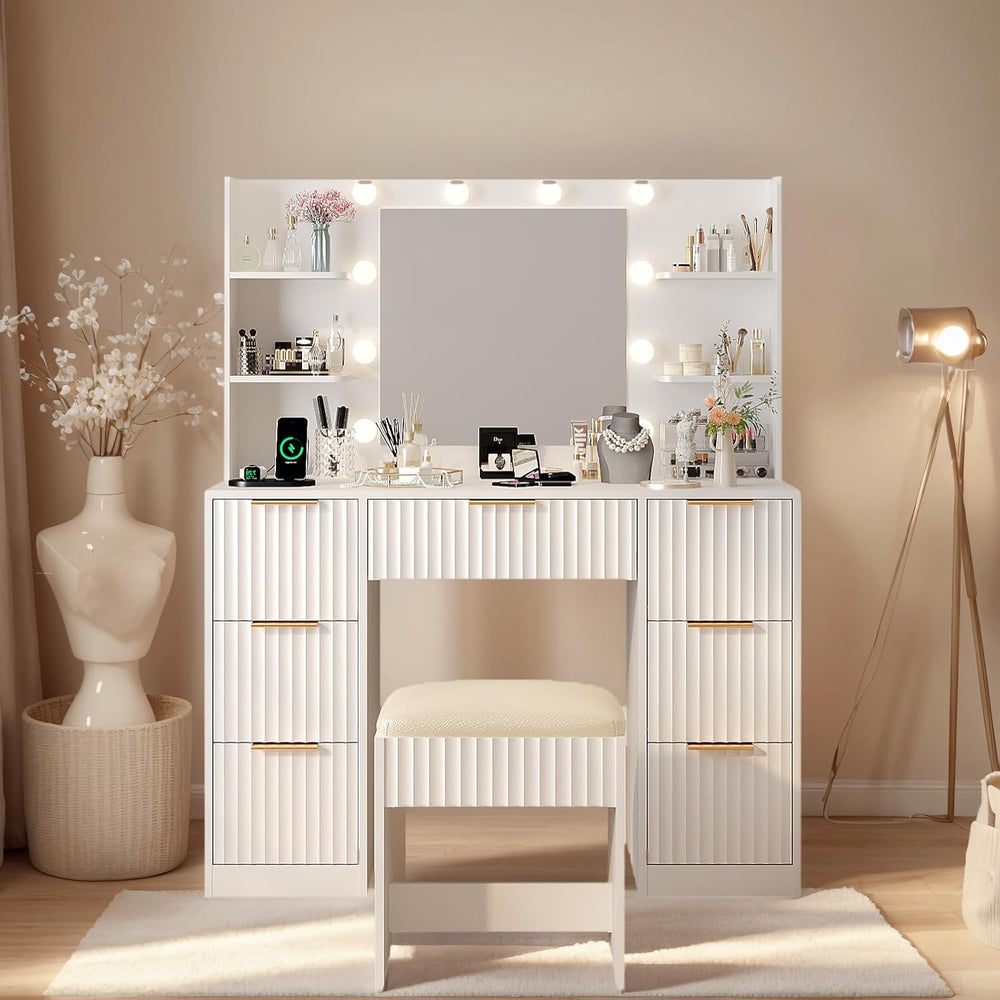 Karl home Fluted Vanity Desk with Mirror and Lights in 3 Modes and Charging S...