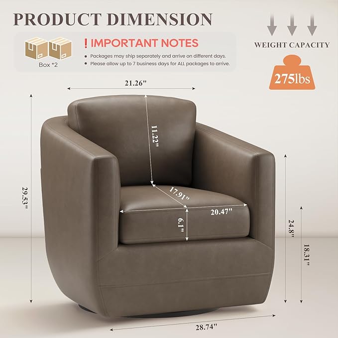 COLAMY 360° Swivel Accent Chair Set of 2 with Pillow, Leather Living Room Armchair No-Sag Foam & Sturdy Metal Base, Fully Assembled Swivel Single Sofa for Bedroom Living Room, Reading Room, Wolf Grey