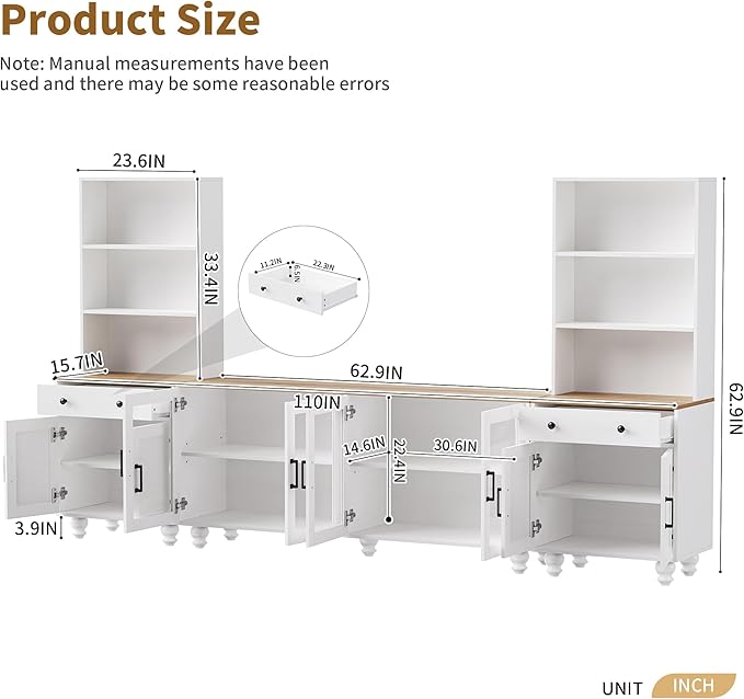 Farmhouse Entertainment Center with 2 Bookshelves & Tempered Glass Doors, TV Stand with Adjustable Shelves for TVs up to 70'', Media Console with Solid Wood Gourd-Shaped Legs, White