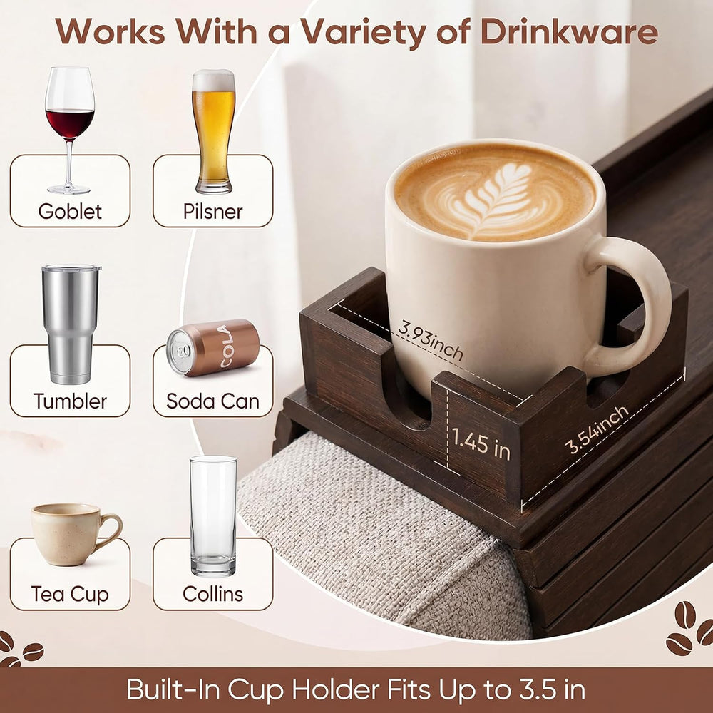 Bamboo Couch Arm Tray Table with Built-in Cup Holder, Foldable Anti-Slip Sofa...