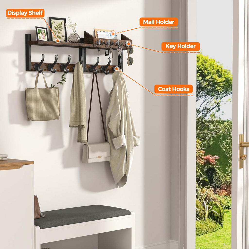 Evermagin 29" Coat Rack Wall Mount with Shelf, 4 in 1 Coat and Key Hanger with 11 Metal Hooks, Entryway Wall Mounted Shelf with Mail Holder for Living Room, Bedroom, Rustic Brown