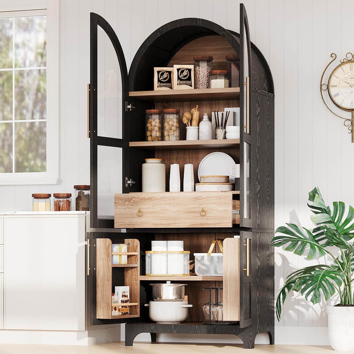 71" Tall Arched Kitchen Pantry with Door Shelves and Hidden Drawer, Arched Kitchen Storage Cabinet with Open & Adjustable Shelves, Cupboard with Glass Door, Bookshelf Bookcase (Black)