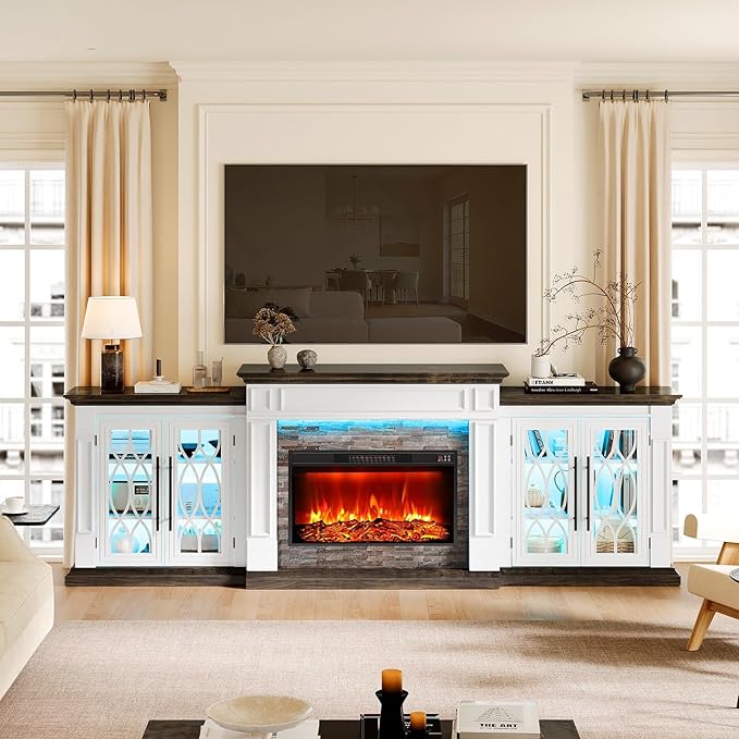 Naice 104" Fireplace TV Stand, Electric Fireplace Mantel with Large Cabinets Tempered Glass Doors, LED Light & Power Outlet, Media Entertainment Center with 30" Insert Heater for Living Room, Brown