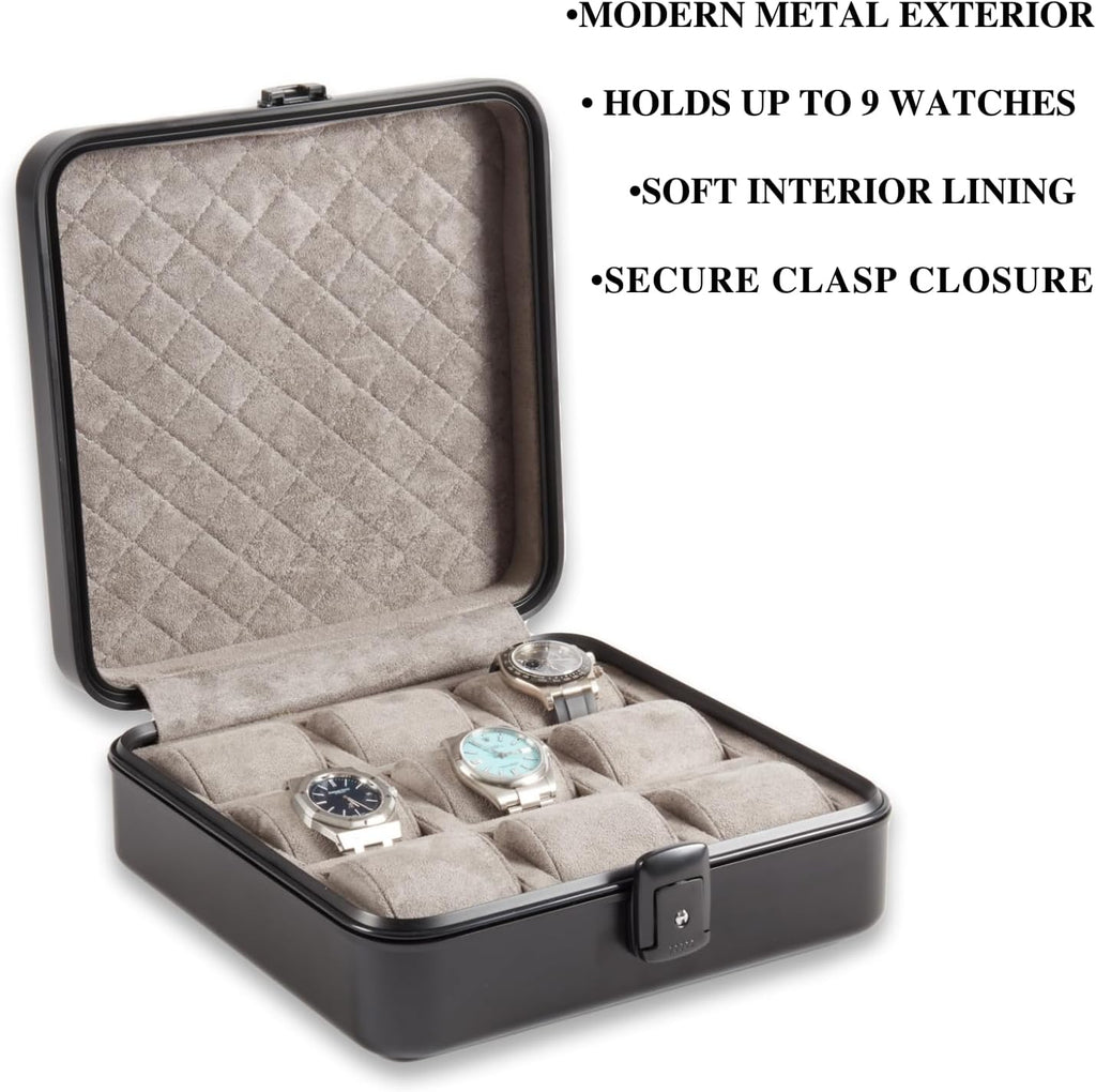 Bey-Berk Personalized Prague Aluminum 9-Slot Watch Case (Matte Black), Locking Travel Metal Watch Box with Quilted Interior, 9.75" x 3" x 10.25"