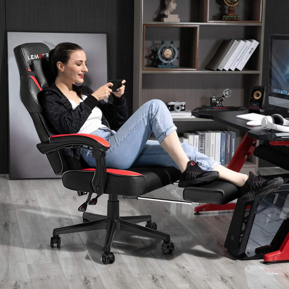 LEMBERI Big and Tall Gaming Chair, 400lb Capacity, Red | Heavy-duty steel fra...