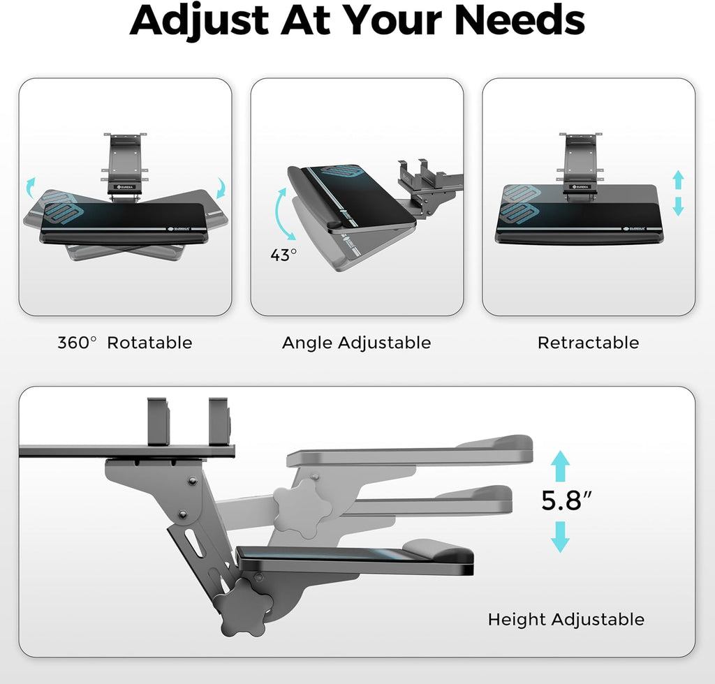 EUREKA ERGONOMIC Keyboard Tray Height Adjustable, Swivel Tilt Computer Keyboard Drawer Under Desk, 25x9.13'' Sliding Keyboard & Mouse Platform with Mouse Pad for Typing, Black