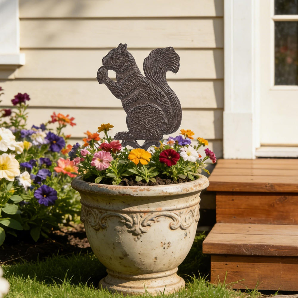 Sungmor Vintage Cast Iron Squirrel Garden Stake,14.6 Inch Tall Rustic Brown