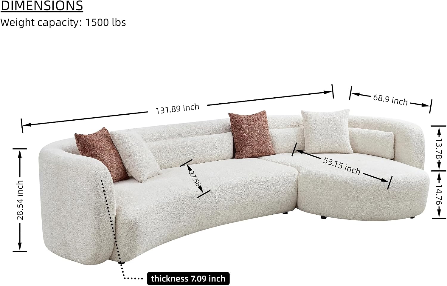 Curved Boucle Sectional Sofa, 132", Deep Seat, Chaise, Oversized, Modern | Comfy Sectional Couches with Chaise (Right-Facing, Beige), Curved Boucle Sectional Sofa, 132", Deep Seat, Chaise, Oversized