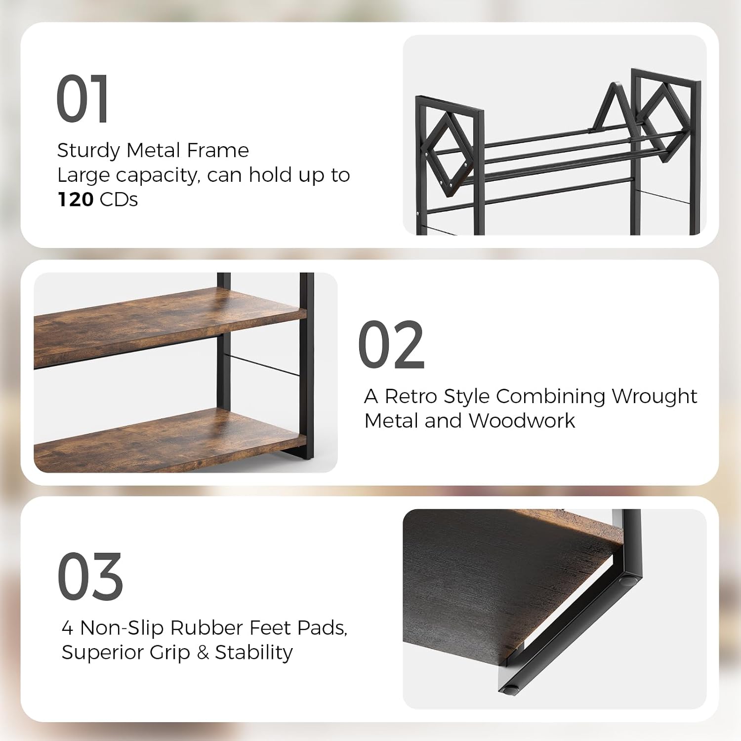 3-Tier CD Holder for 120 CDs, Wooden and Metal CD Storage Rack For DVDs | Top Shelf Shows Favorite Album Art, Open Tiers Keep CDs and DVDs Sorted For Retro Music Corners