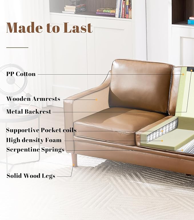 Kingfun Living Room Furniture Sets, 3 Seater Couch and Armchair, Mid Century Modern Sofa Set, Faux Leather Couch with Solid Wood Frame for Living Room & Bedroom, Brown